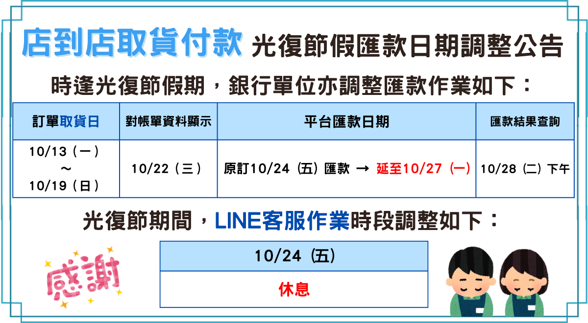 2025年光復節匯款日期、客服時段調整公告