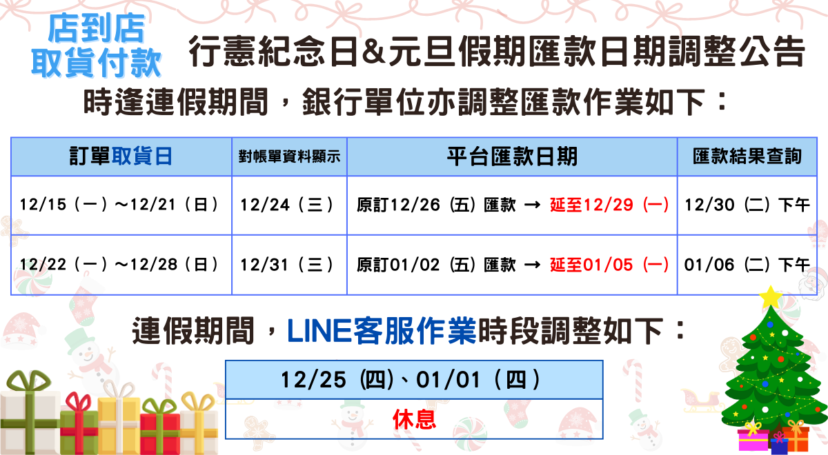 2025年行憲紀念日&2026年元旦匯款日期、客服時段調整公告